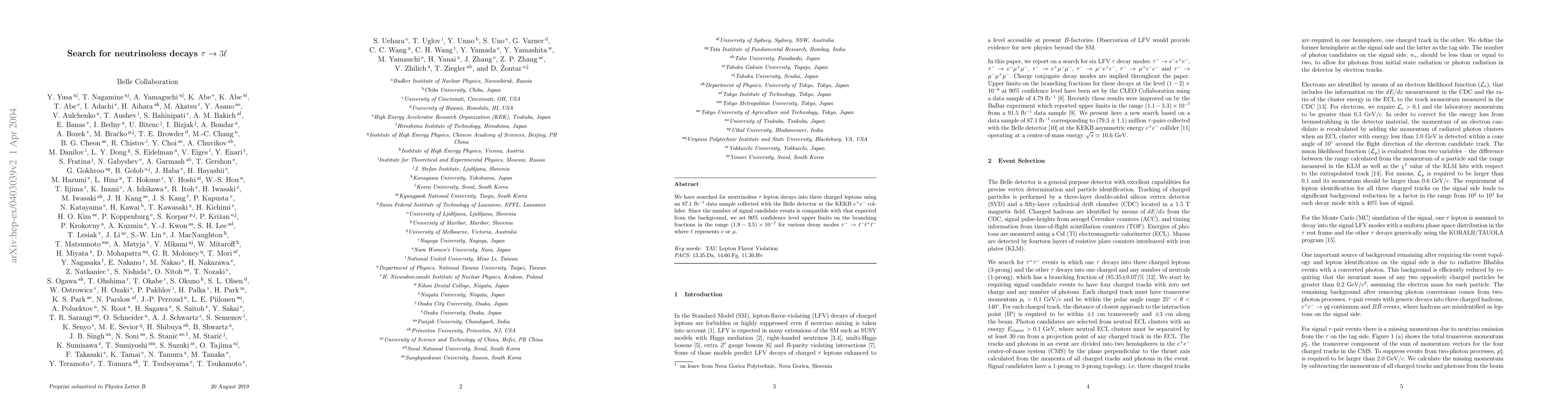 Thumbnail for Search for neutrinoless decays tau -> 3l