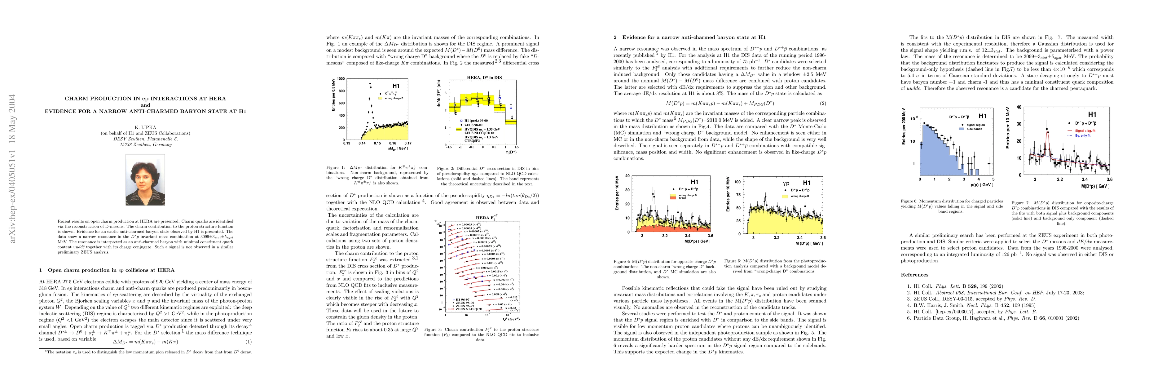 Thumbnail for Charm production in ep interaction at HERA and evidence for a narrow
  anti-charmed baryon state at H1