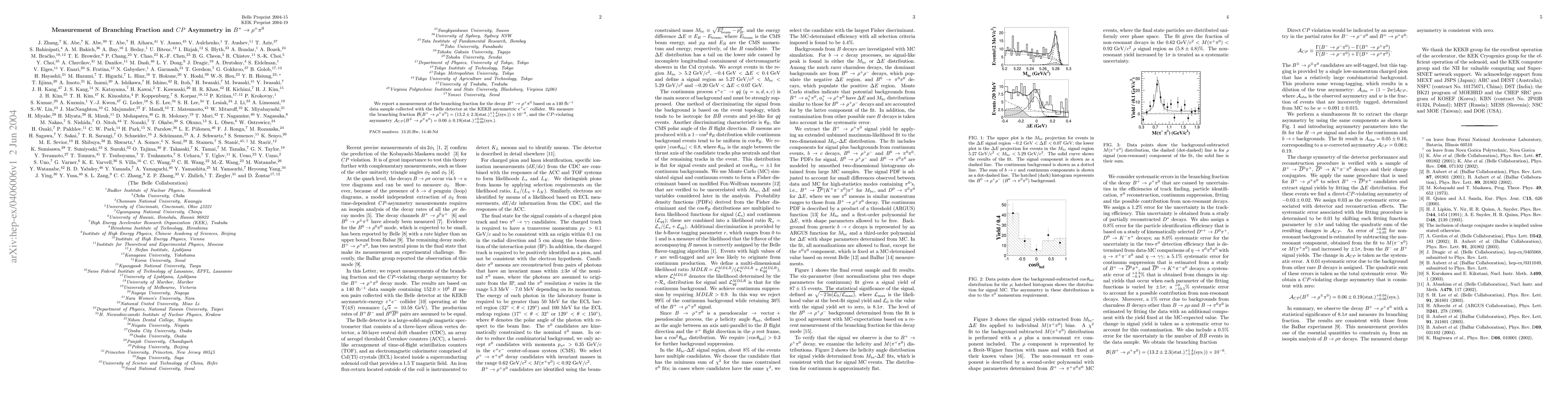Thumbnail for Measurement of Branching Fraction and CP Asymmetry in B+ ->rho+ pi0