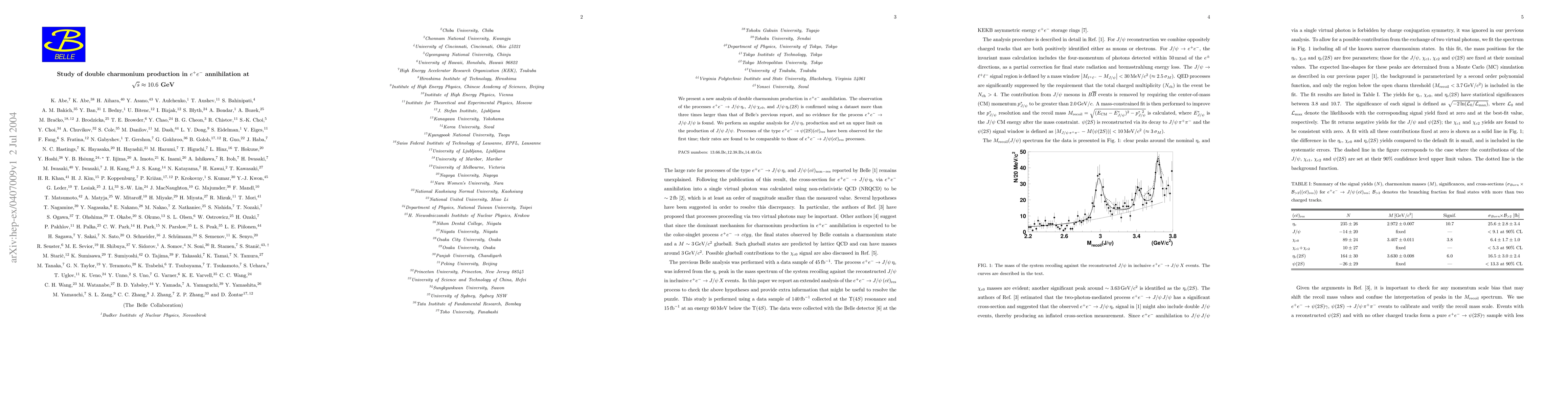 Thumbnail for Study of double charmonium production in e^+ e^- annihilation at
  \sqrt{s} ~ 10.6 GeV