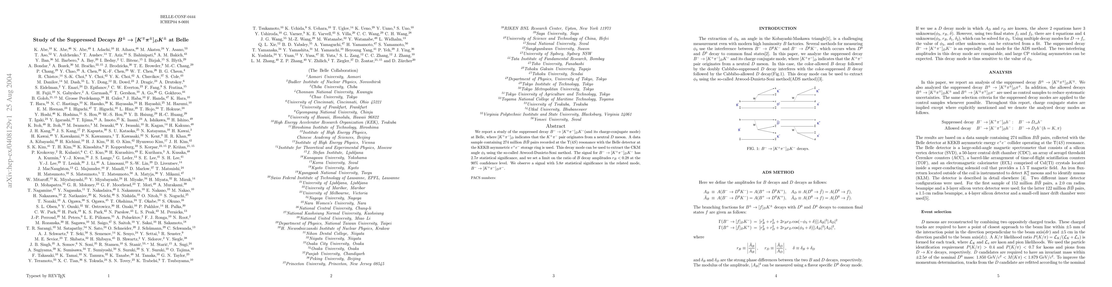 Thumbnail for Study of the Suppressed Decays B^{\pm} \to[K^{\mp}\pi^{\pm}]_{D}K^{\pm}
  at Belle