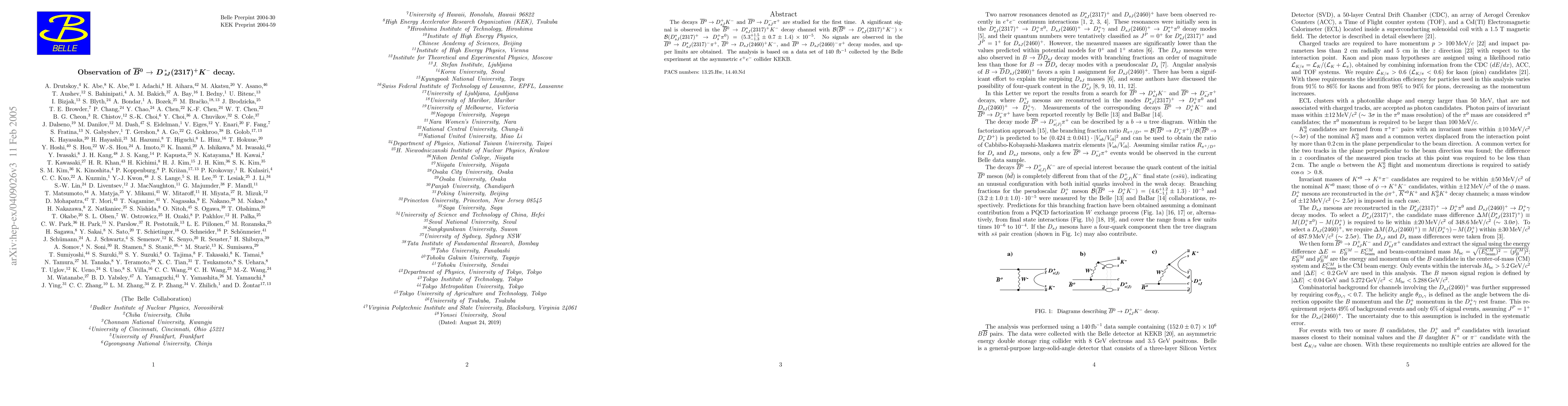 Thumbnail for Observation of $\bar{B^0}$ -> DsJ*(2317)+ K- decay