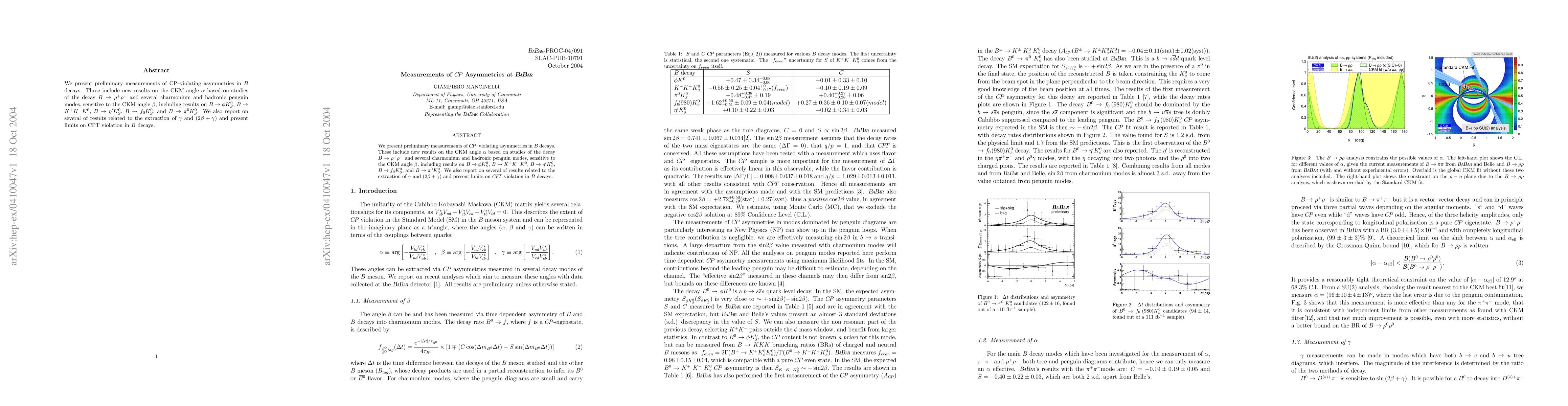 Thumbnail for Measurements of CP Asymmetries at BABAR