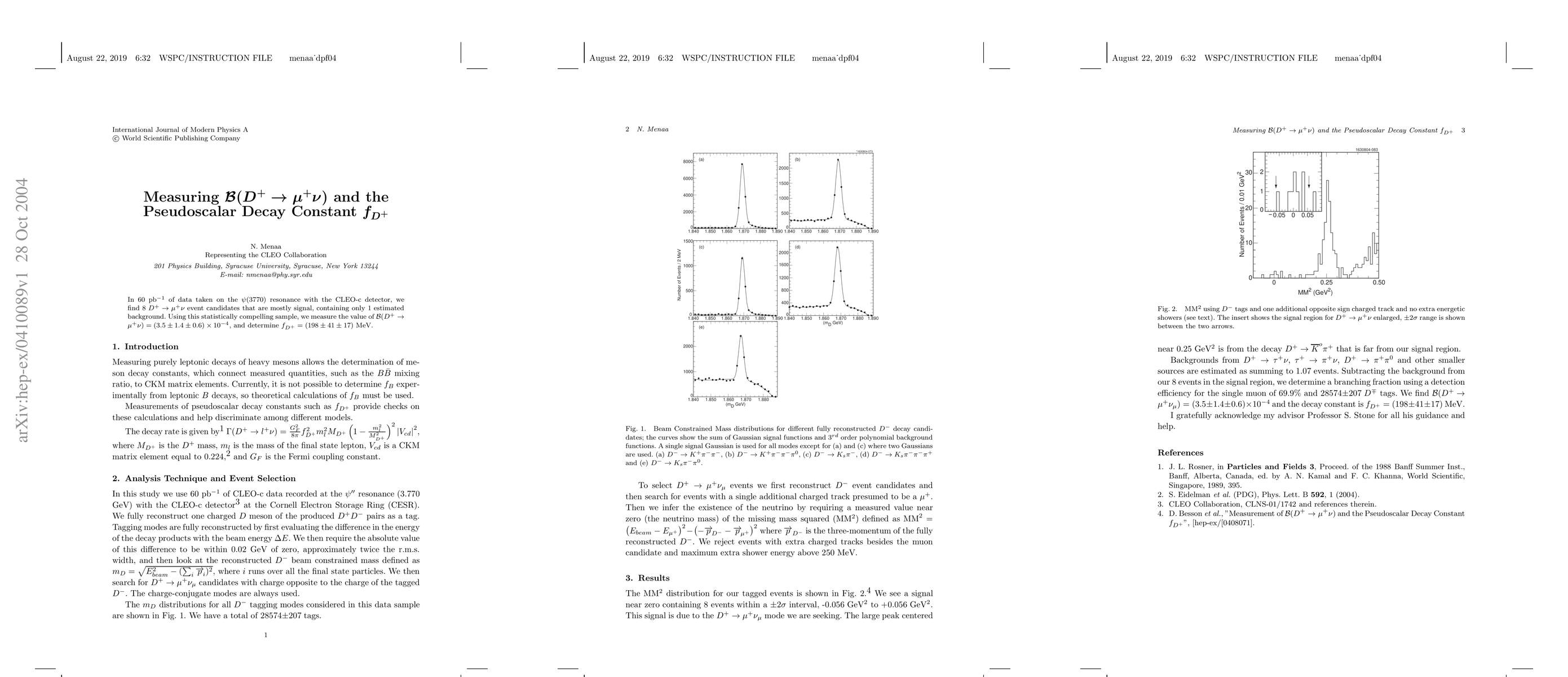 Thumbnail for Measuring B(D^+ -> \mu^+\nu) and the Pseudoscalar Decay Constant f_{D^+}