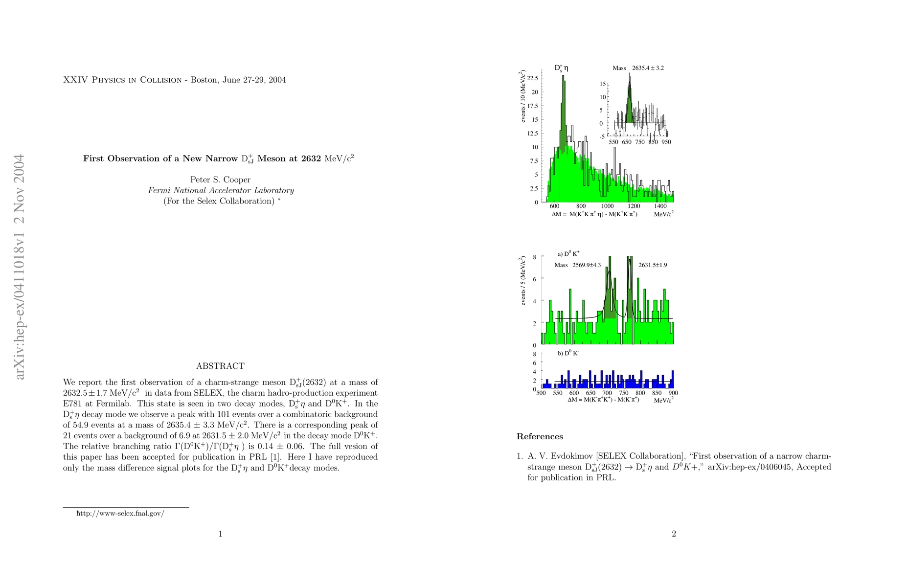 Thumbnail for First Observation of a New Narrow D_sJ Meson at 2632MeV/c^2