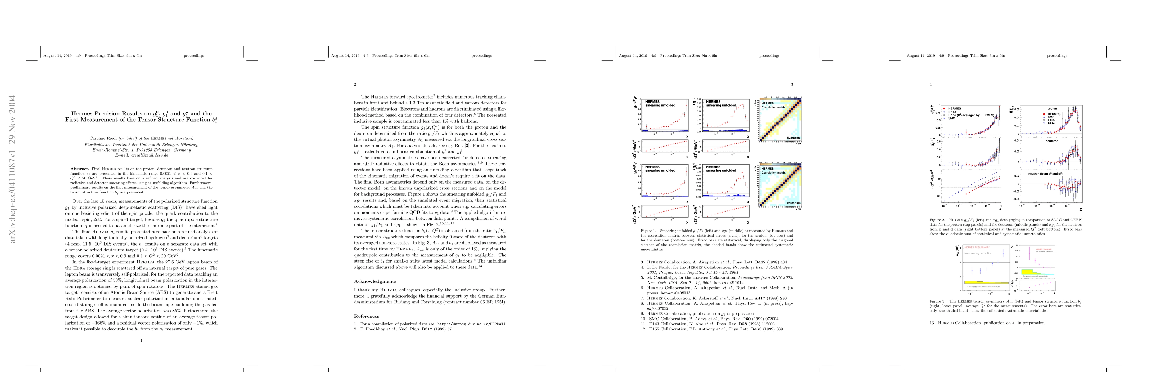 Thumbnail for HERMES Precision Results on g1p, g1d and g1n and the First Measurement
  of the Tensor Structure Function b1d