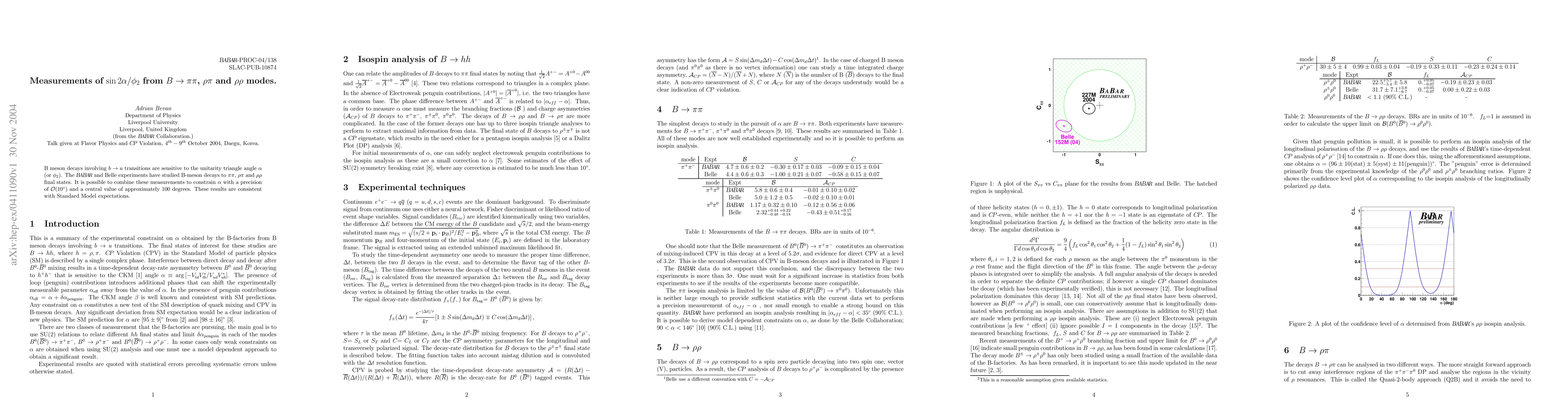 Thumbnail for Measurements of sin2alpha/phi2 from B -> pipi, rhopi and rhorho modes