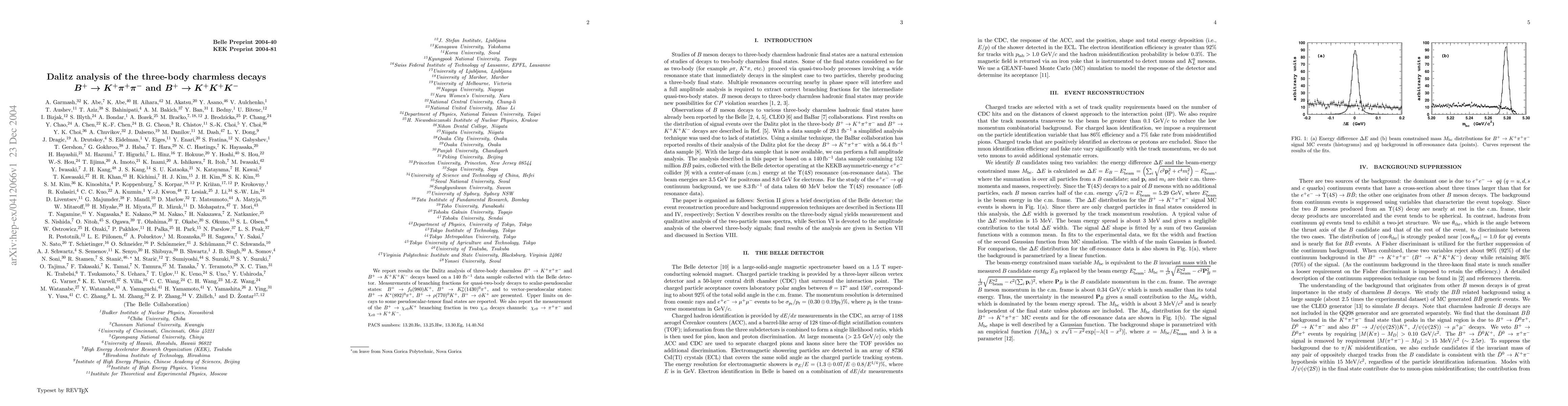 Thumbnail for Dalitz analysis of the three-body charmless decays B+=>K+Pi+Pi- and
  B+=>K+K+K-