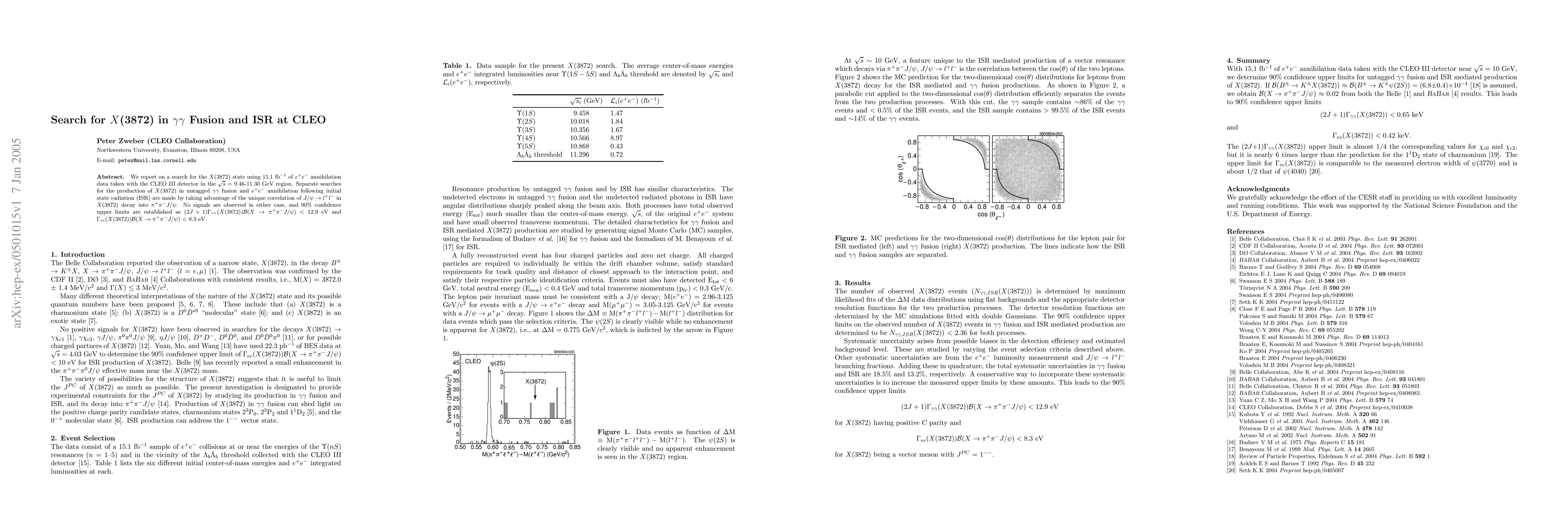Thumbnail for Search for X(3872) in gamma gamma Fusion and ISR at CLEO