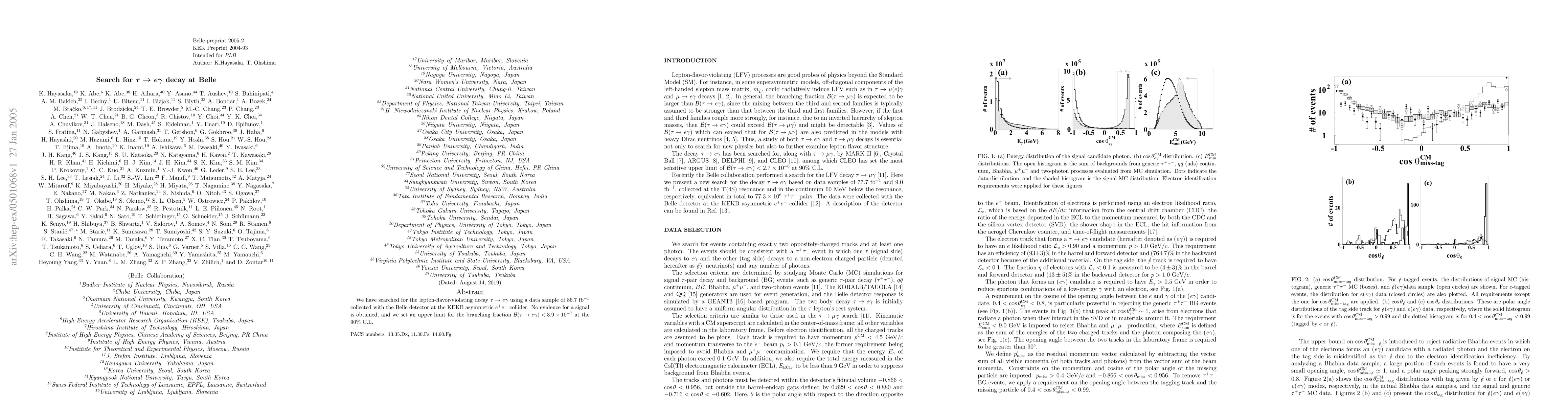 Thumbnail for Search for tau -> e gamma decay at Belle