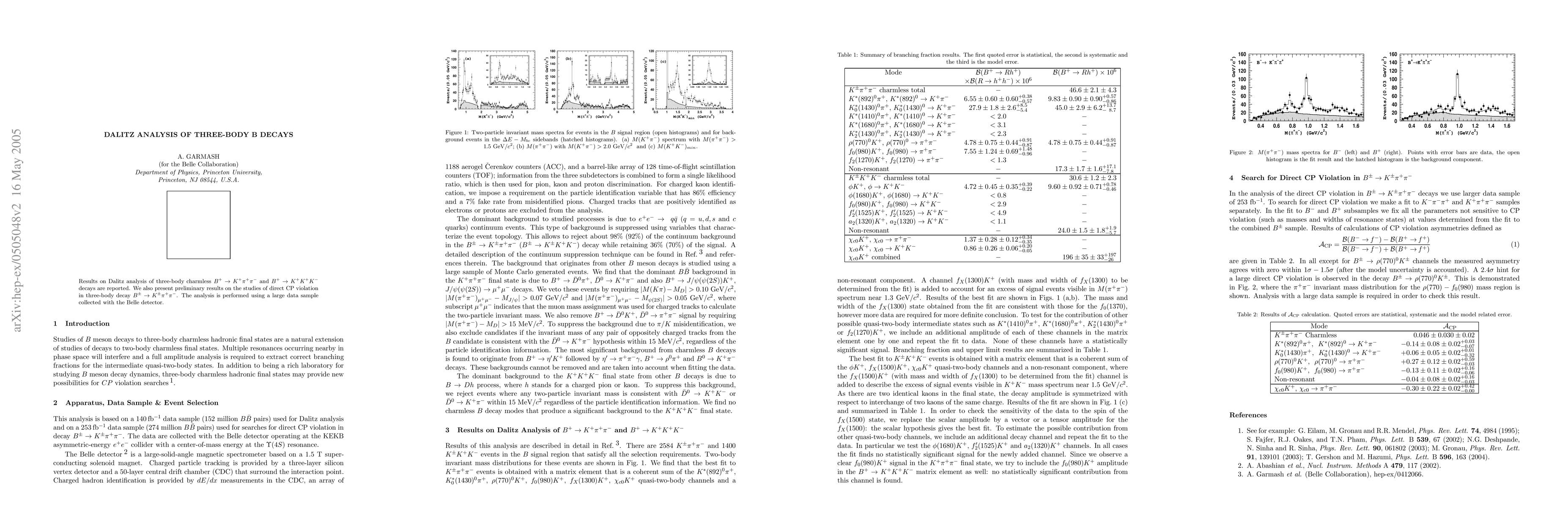 Thumbnail for Dalitz Analysis of Three-Body B Decays