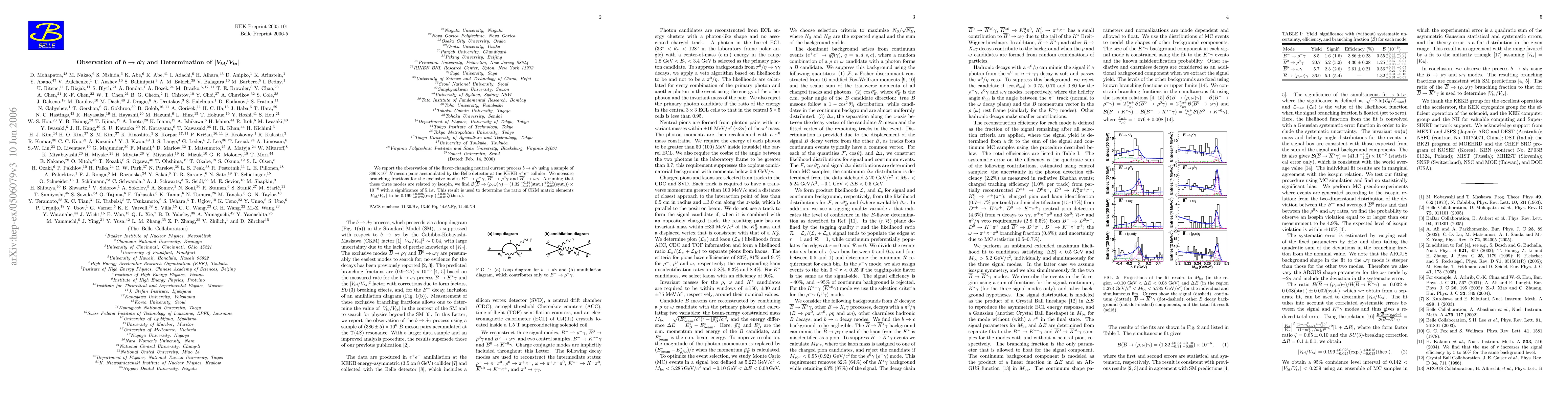 Thumbnail for Observation of b --> d gamma and Determination of |V_td/V_ts|