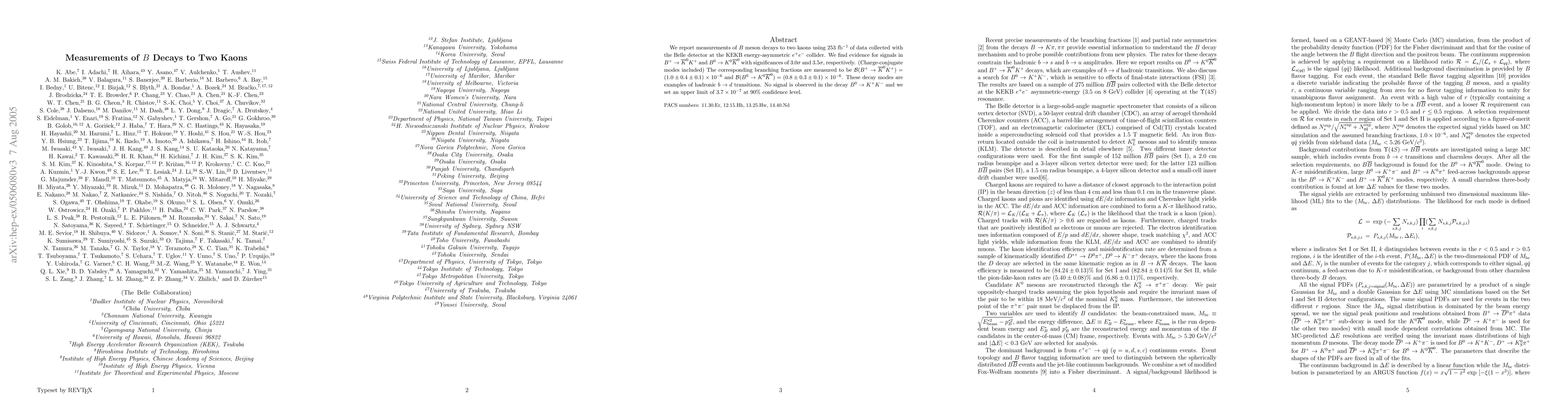 Thumbnail for Measurements of B Decays to Two Kaons