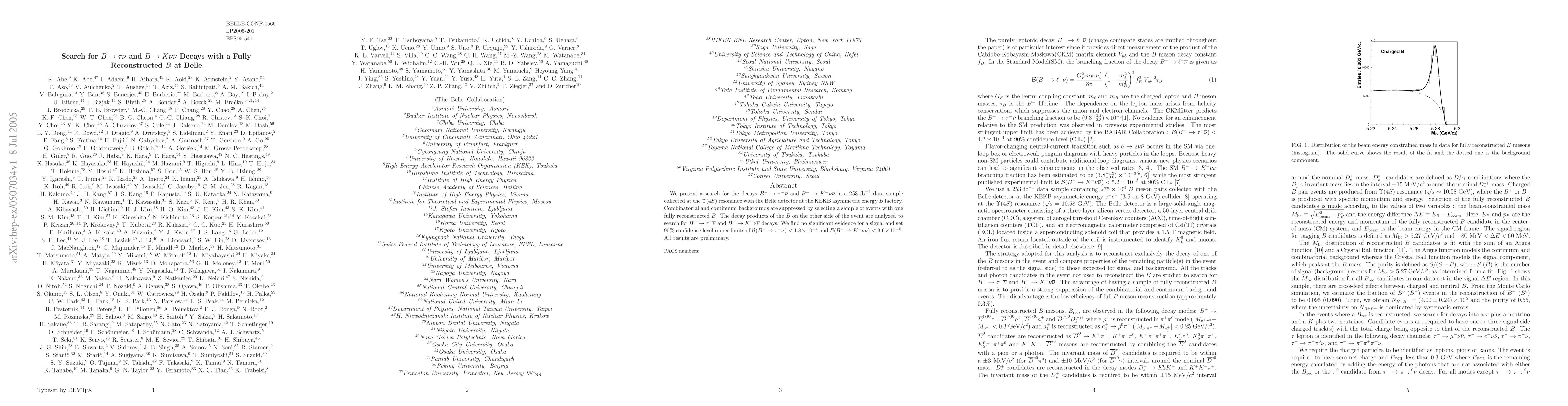 Thumbnail for Search for B -> tau nu and B -> K nu nubar Decays with a Fully
  Reconstructed B at Belle