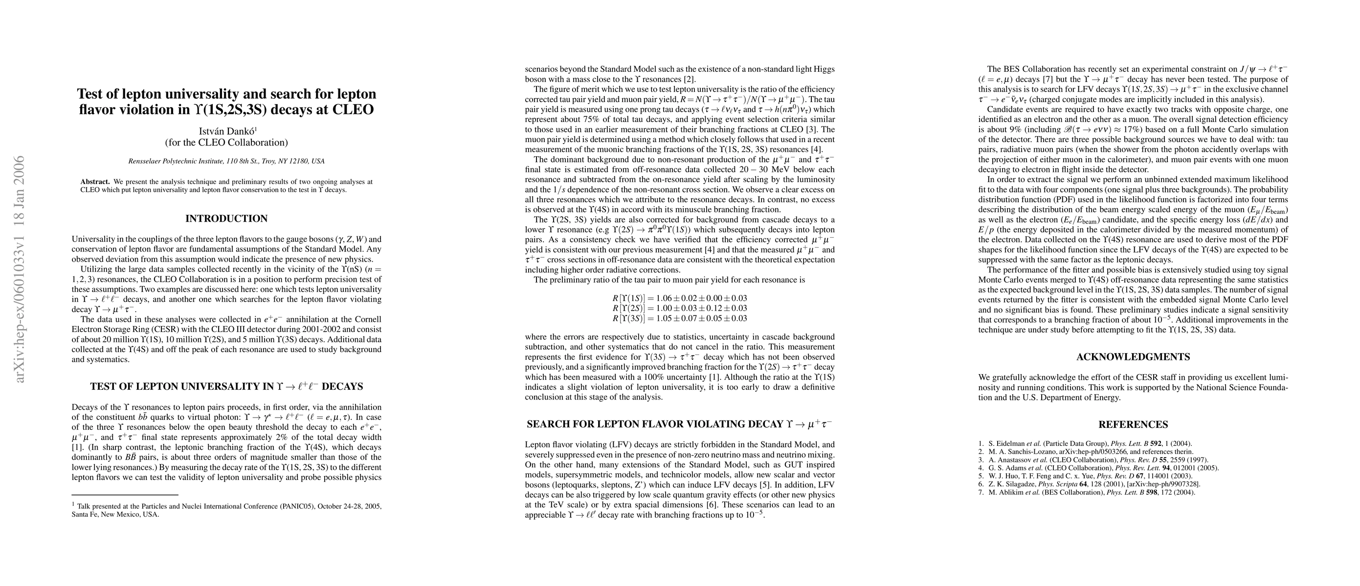 Thumbnail for Test of lepton universality and search for lepton flavor violation in
  Upsilon(1S,2S,3S) decays at CLEO