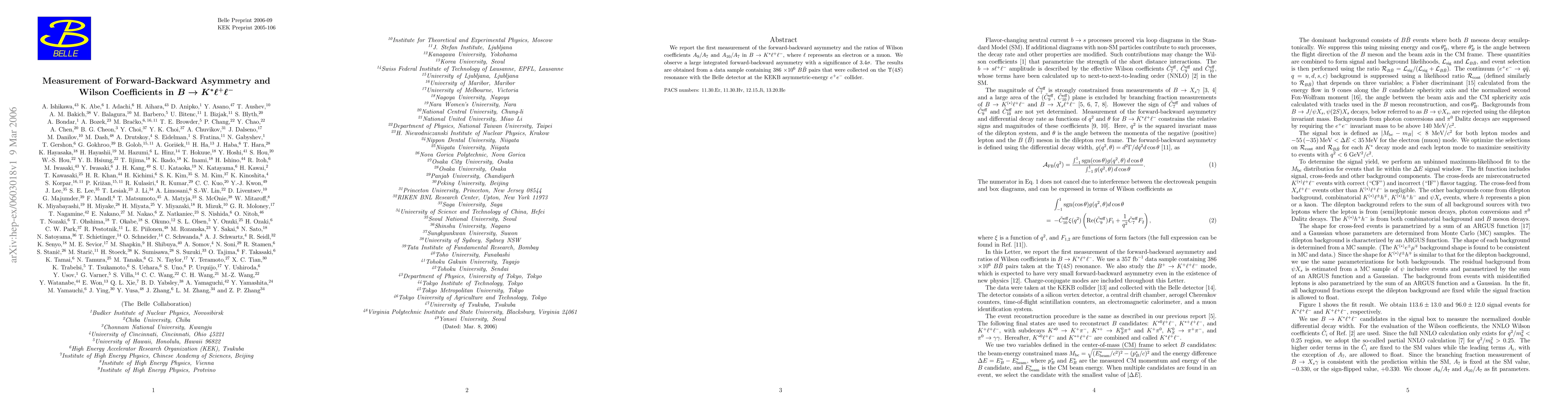 Thumbnail for Measurement of Forward-Backward Asymmetry and Wilson Coefficients in $B
  \to K^* \ell^+ \ell^-$