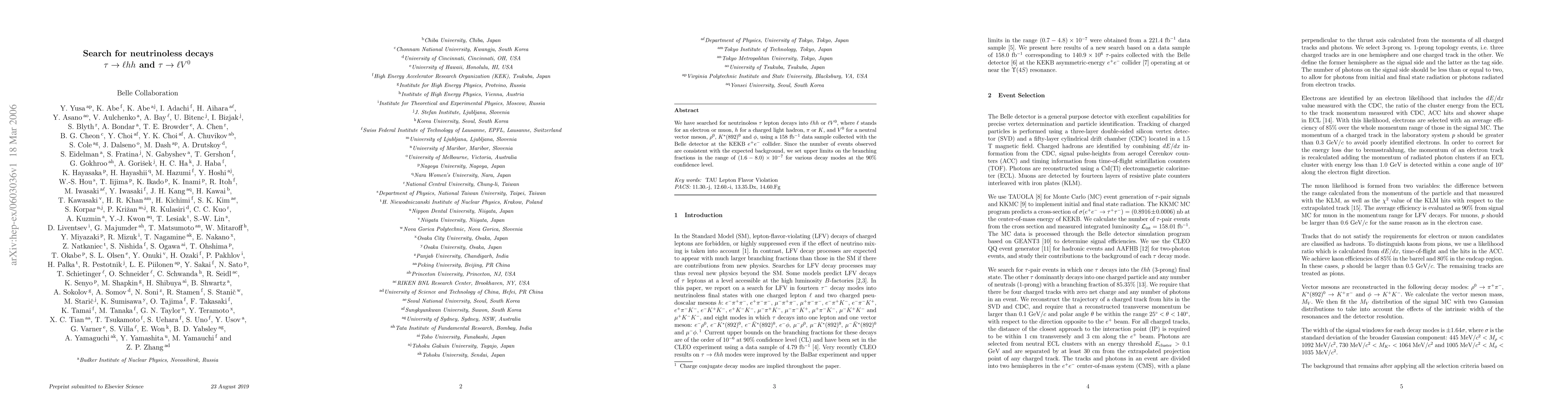 Thumbnail for Search for neutrinoless decays tau -> lhh and tau -> lV0