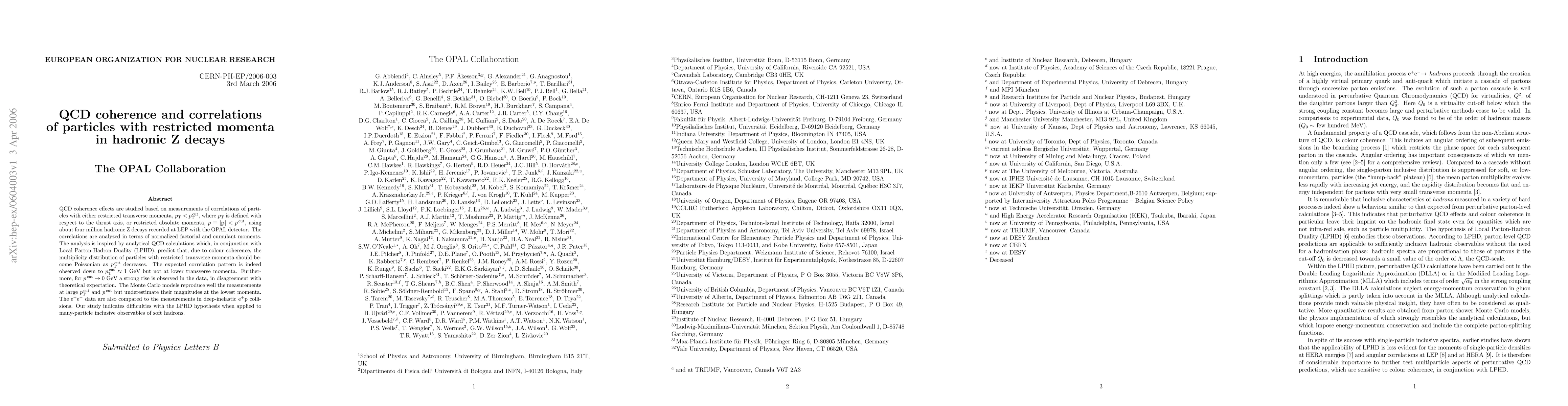 Thumbnail for QCD coherence and correlations of particles with restricted momenta in
  hadronic Z decays