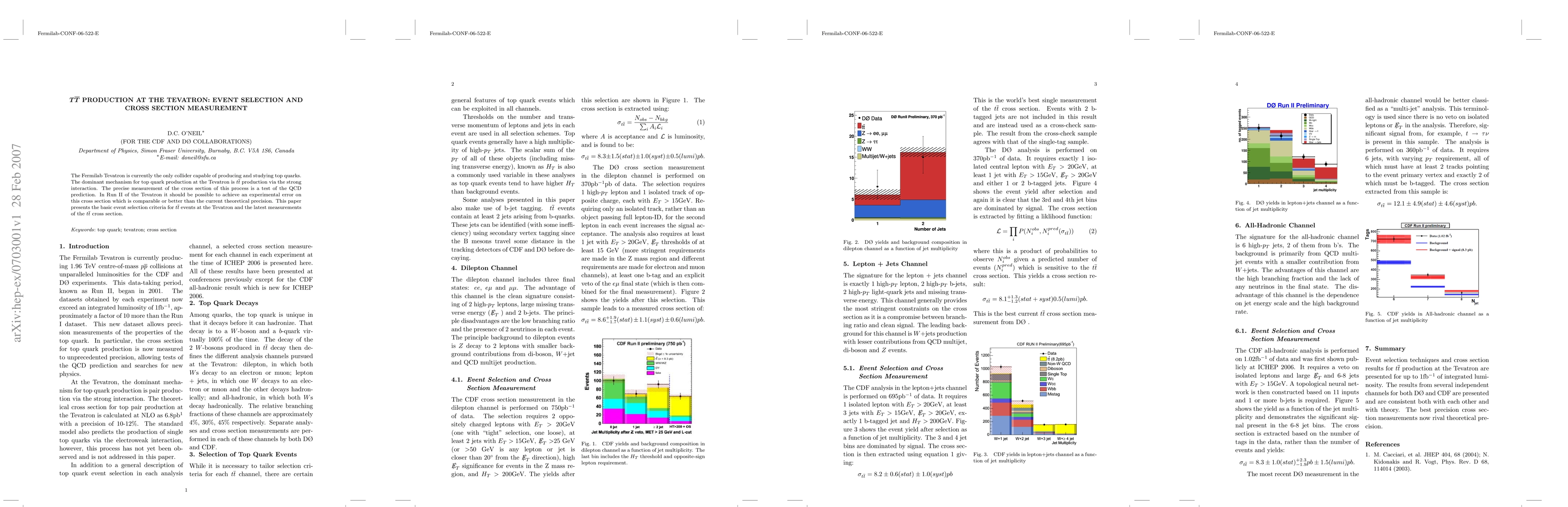 Thumbnail for t-tbar Production at the Tevatron: Event Selection and Cross Section
  Measurement