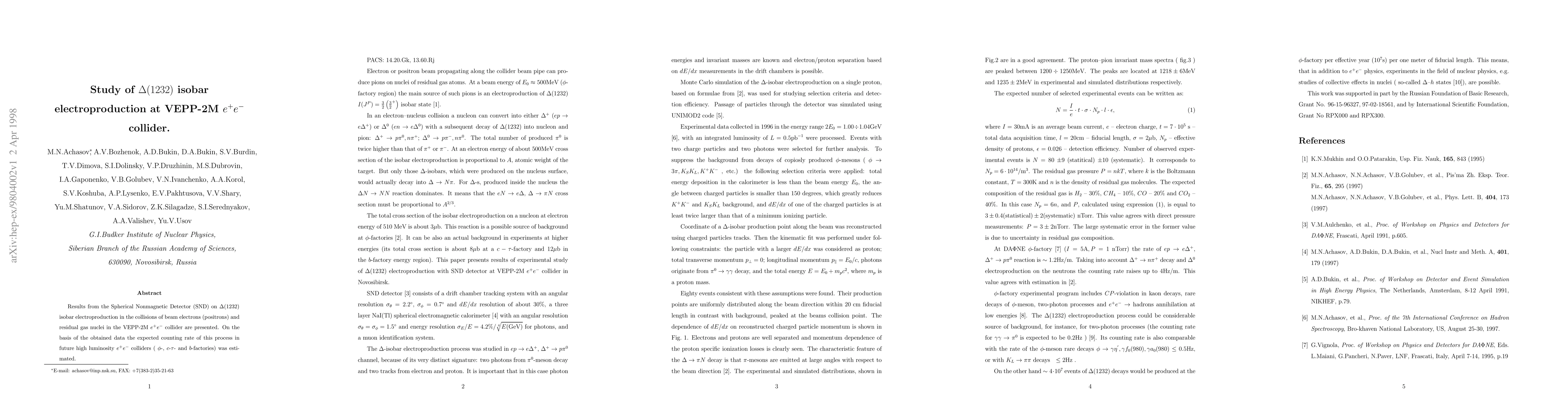 Thumbnail for Study of $\Delta(1232)$ isobar electroproduction at VEPP-2M $e^+e^-$
  collider