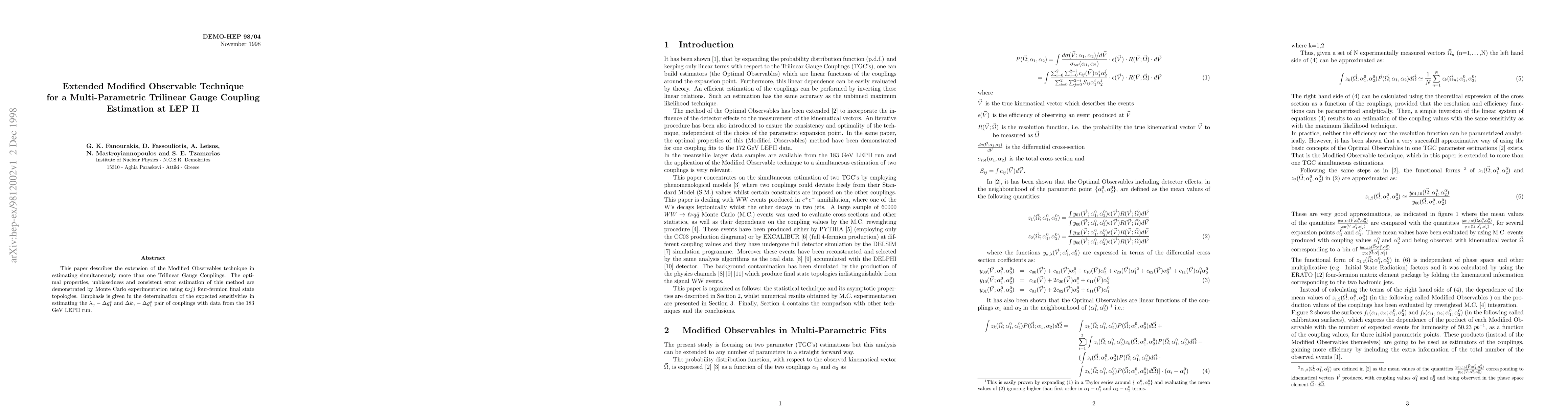 Thumbnail for Extended Modified Observable Technique for a Multi-Parametric Trilinear
  Gauge Coupling Estimation at LEP II