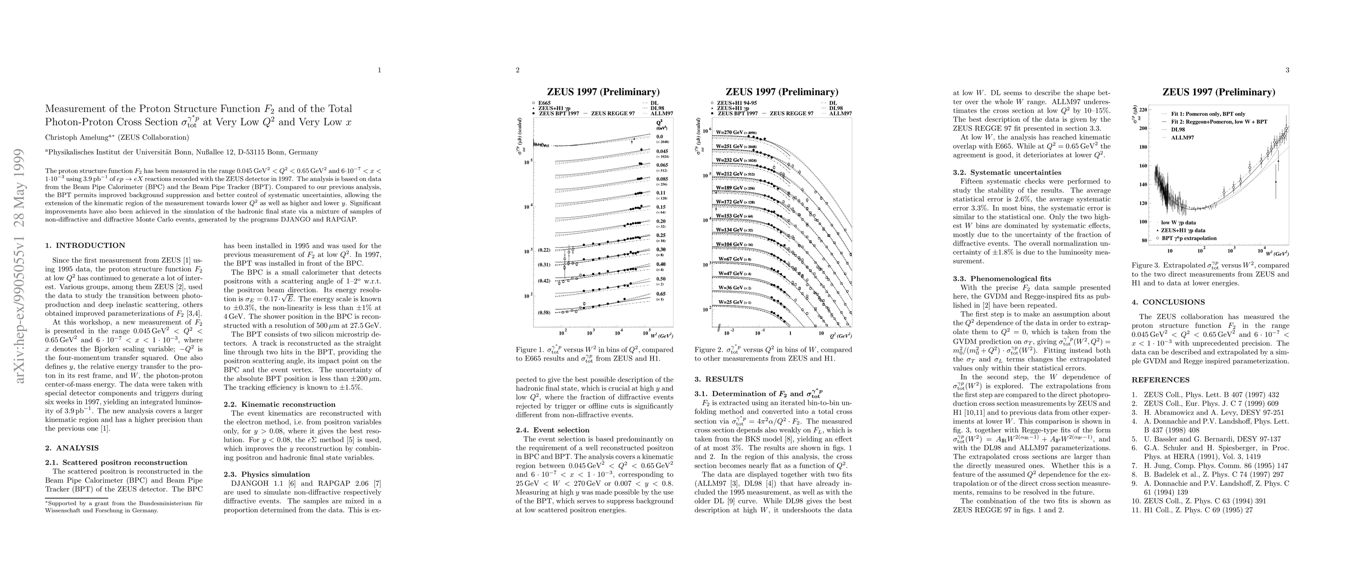 Thumbnail for Measurement of the Proton Structure Function F2 and of the Total
  Photon-Proton Cross Section sigma(tot) at Very Low Q2 and Very Low x