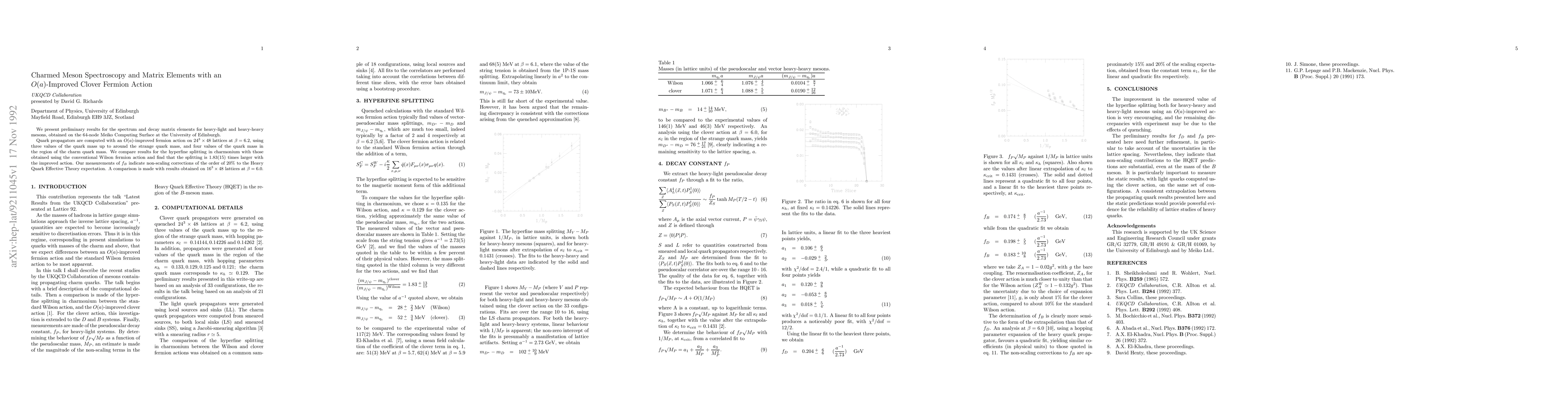 Thumbnail for Charmed Meson Spectroscopy and Matrix Elements with an O(a)-Improved
  Clover Fermion Action