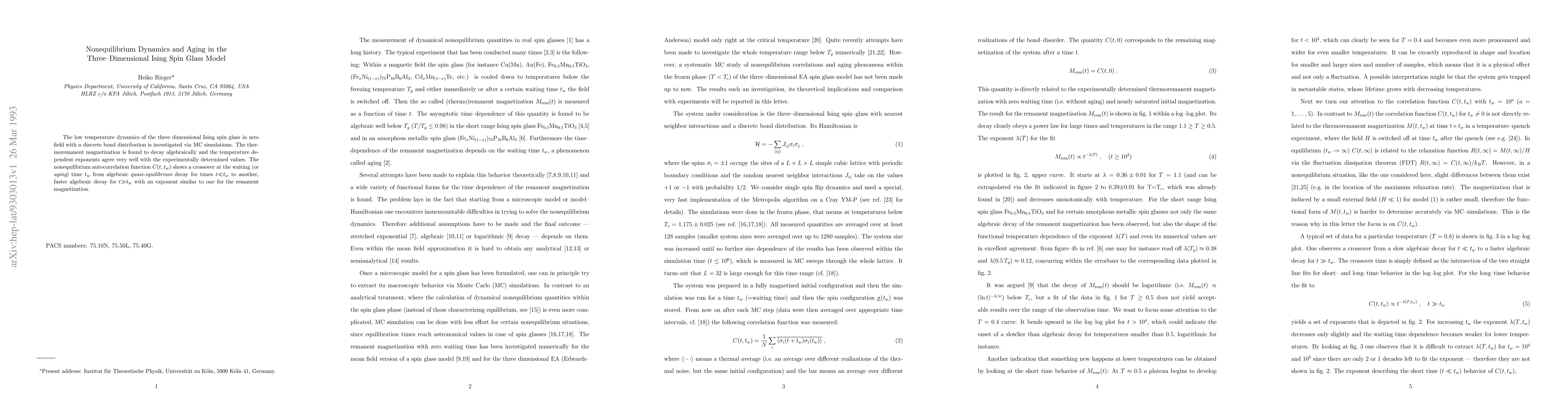 Thumbnail for Nonequilibrium Dynamics and Aging in the Three--Dimensional Ising Spin
  Glass Model