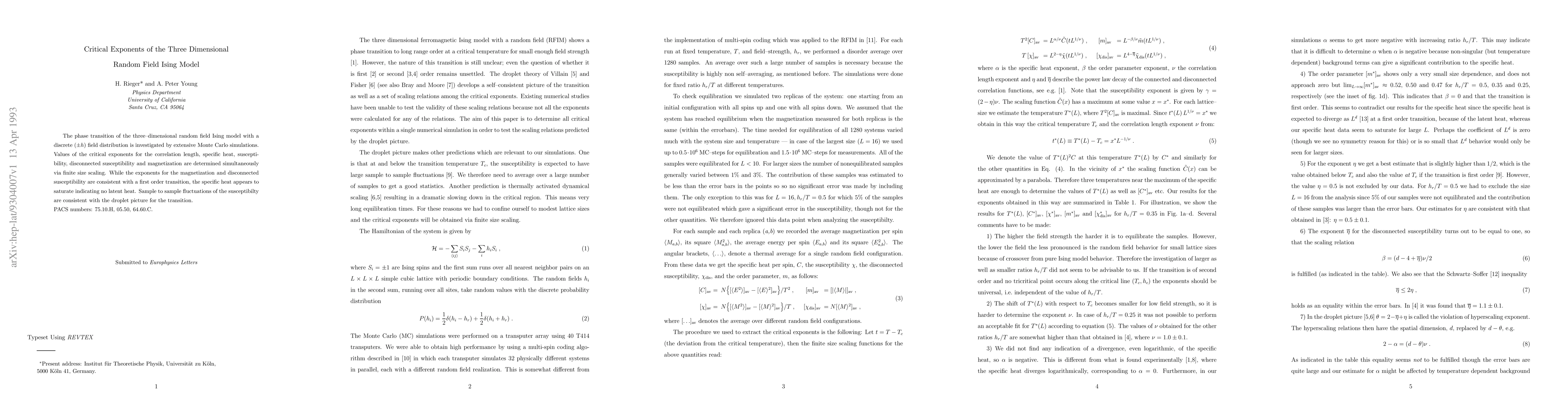 Thumbnail for Critical Exponents of the Three Dimensional Random Field Ising Model