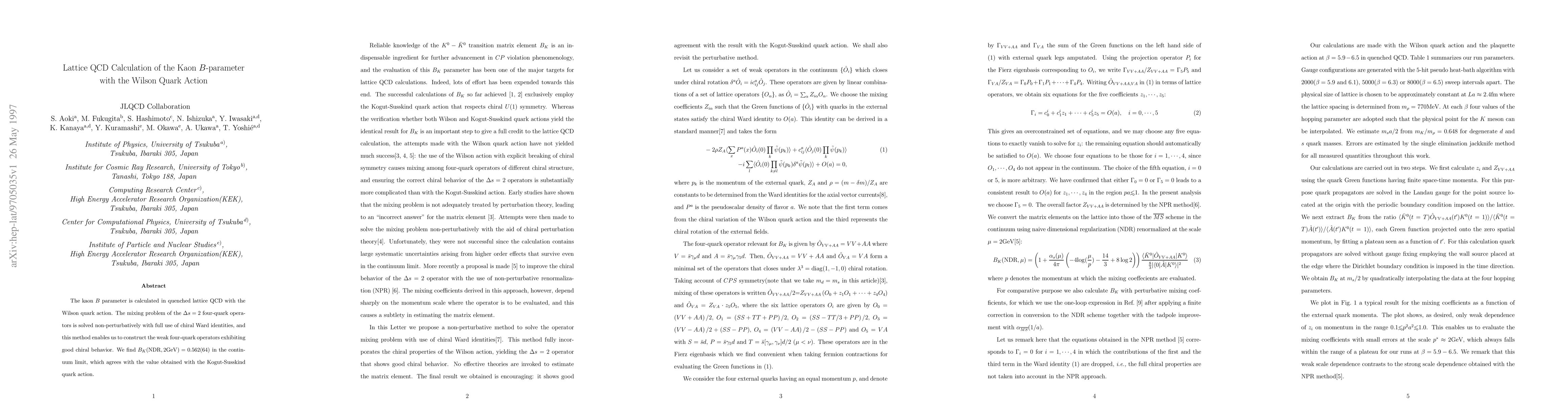 Thumbnail for Lattice QCD Calculation of the Kaon B-parameter with the Wilson Quark
  Action