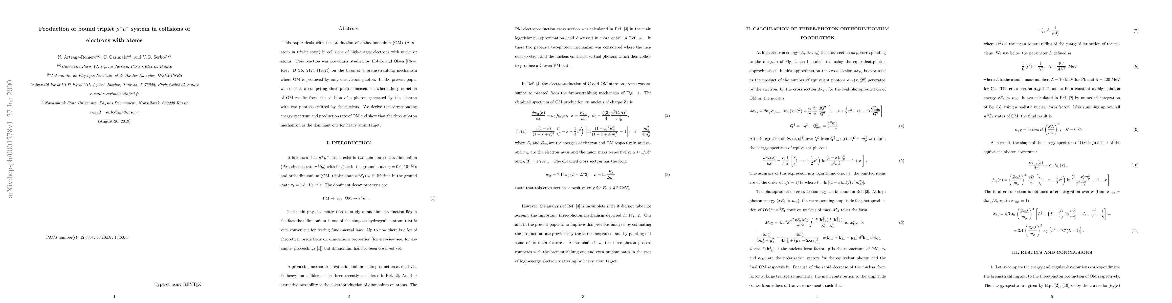 Thumbnail for Production of bound triplet $\mu^{+} \mu^{-}$ system in collisions of
  electrons with atoms