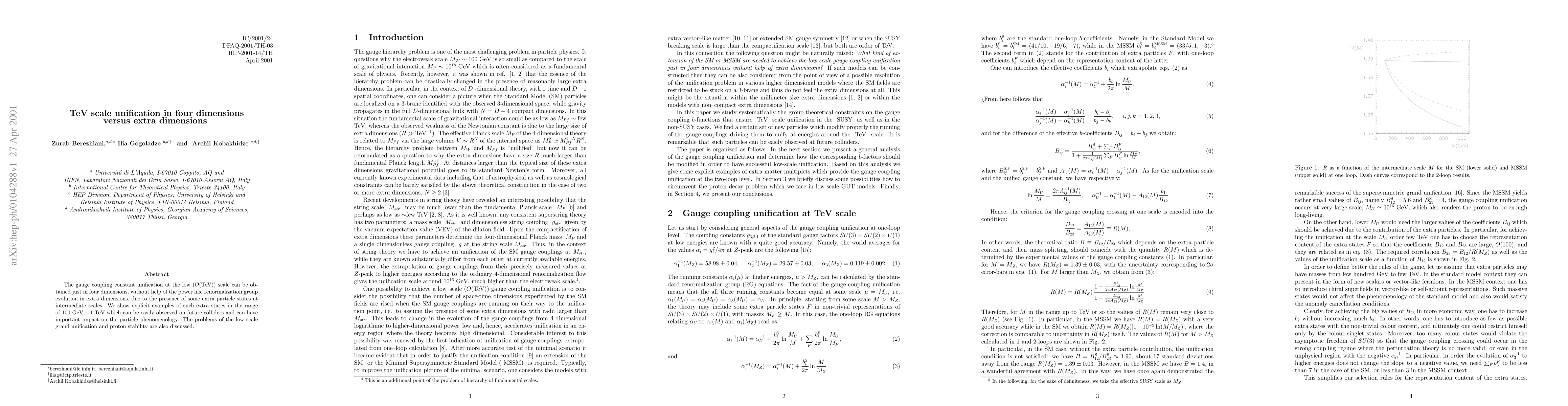 Thumbnail for TeV scale unification in four dimensions versus extra dimensions