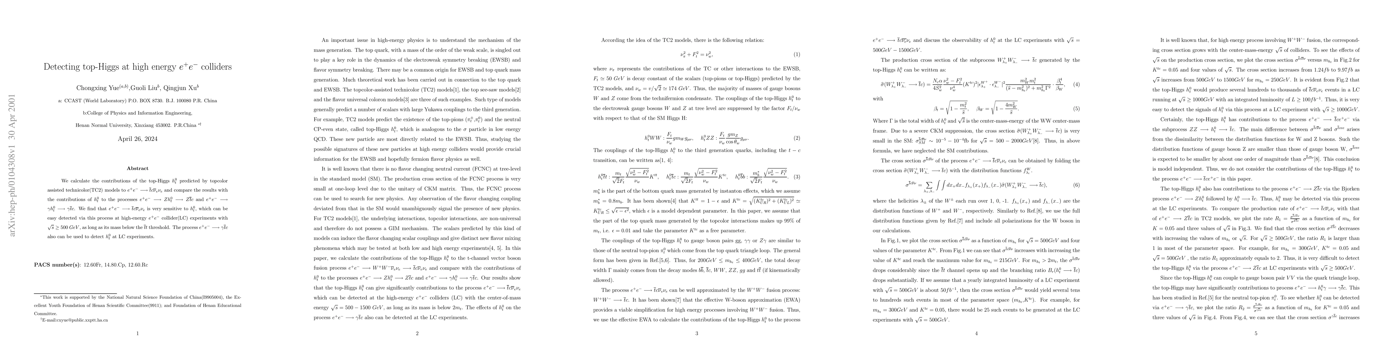 Thumbnail for Detecting top-Higgs at high energy $e^{+}e^{-}$ colliders