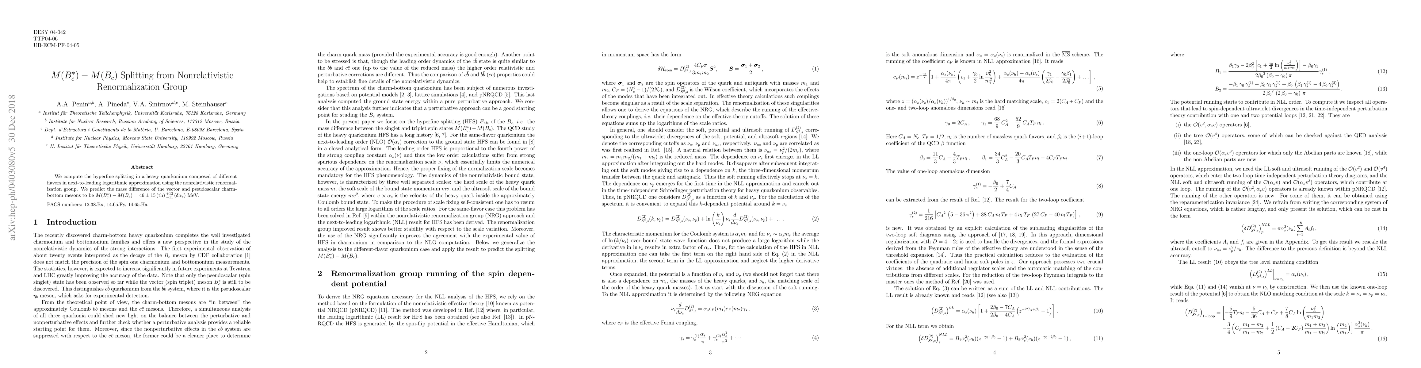 Thumbnail for $M(B^*_c)-M(B_c)$ Splitting from Nonrelativistic Renormalization Group