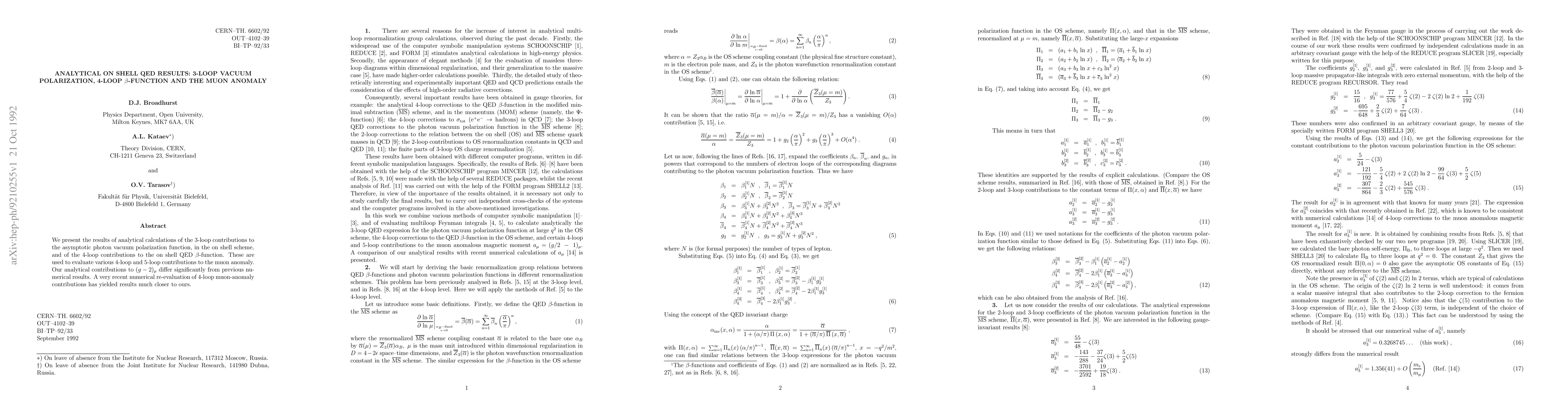 Thumbnail for Analytical on-shell QED results: 3-loop vacuum polarization, 4-loop
  beta-function and the muon anomaly