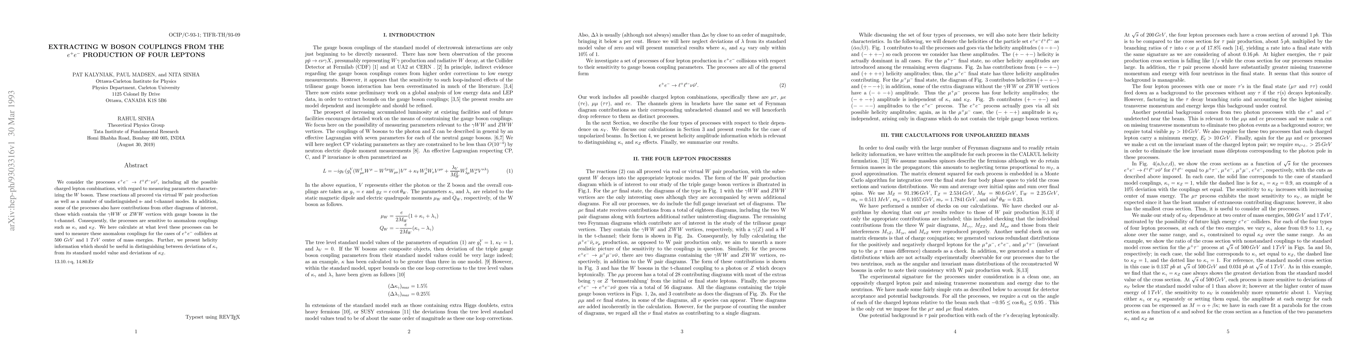 Thumbnail for Extracting W Boson Couplings from the $e^{+}e^{-}$ Production of Four
  Leptons