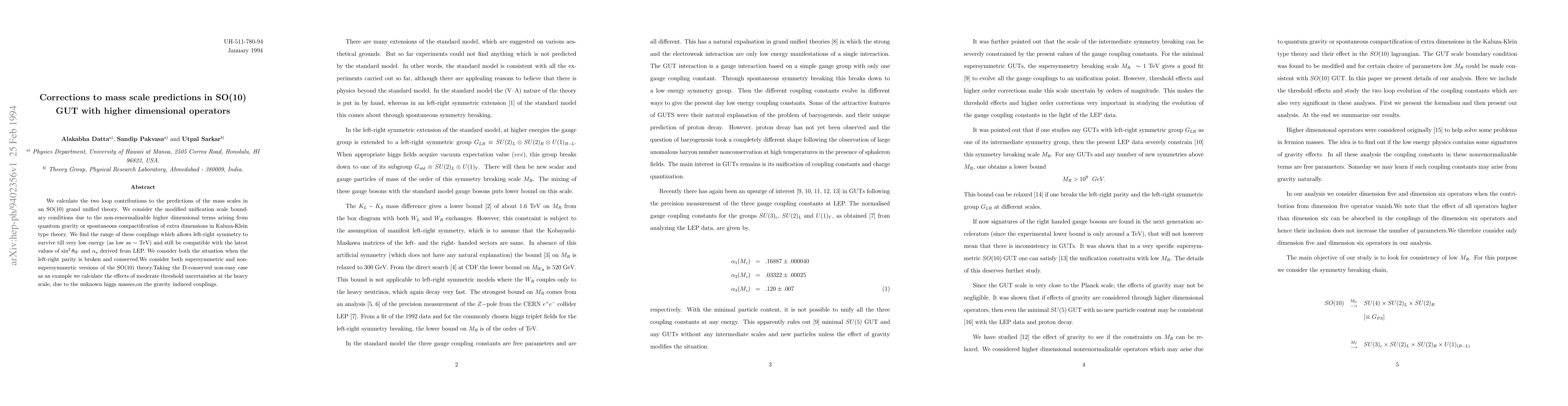 Thumbnail for Corrections to mass scale predictions in SO(10) GUT with higher
  dimensional operators