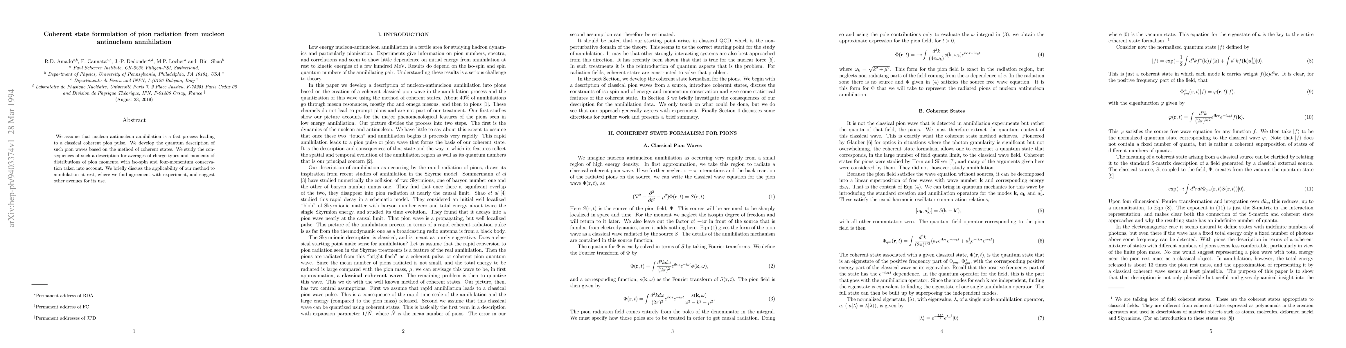 Thumbnail for Coherent state formulation of pion radiation from nucleon antinucleon
  annihilation