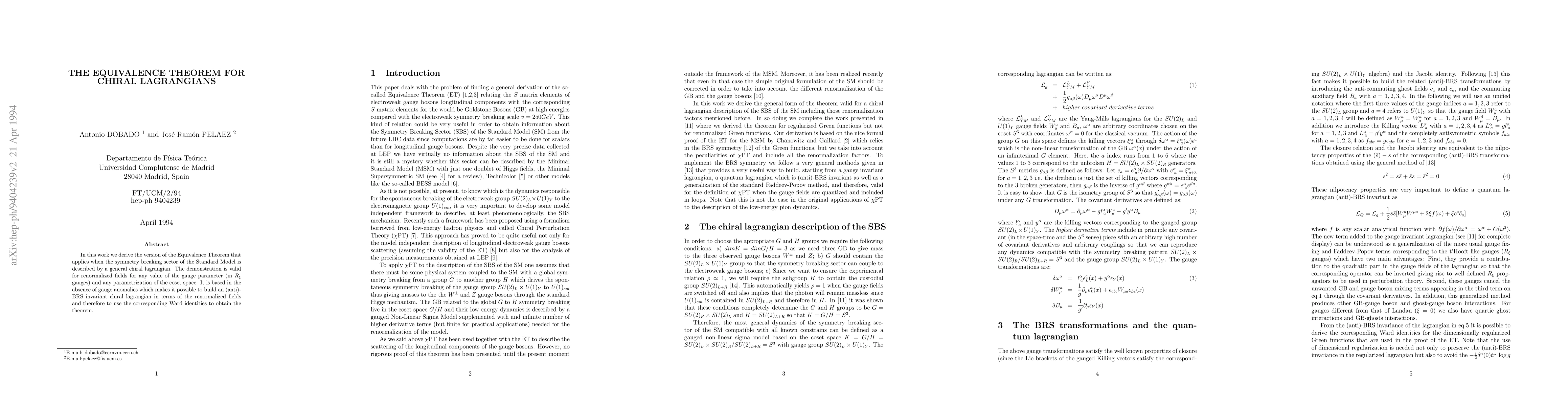 Thumbnail for The Equivalence Theorem for Chiral Lagrangians