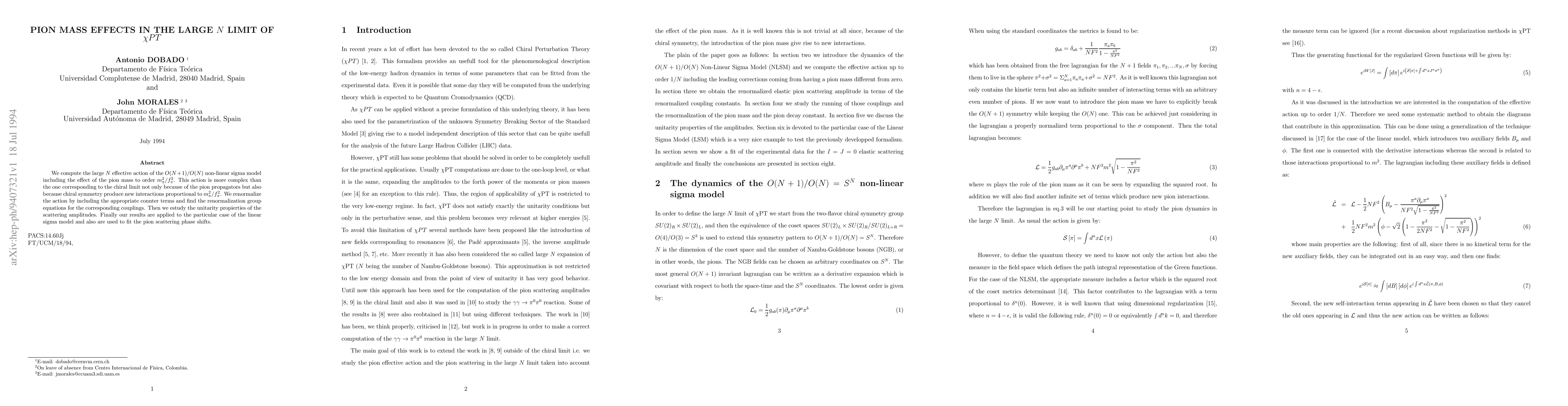 Thumbnail for Pion Mass Effects in the Large $N$ Limit of $\chiPT$