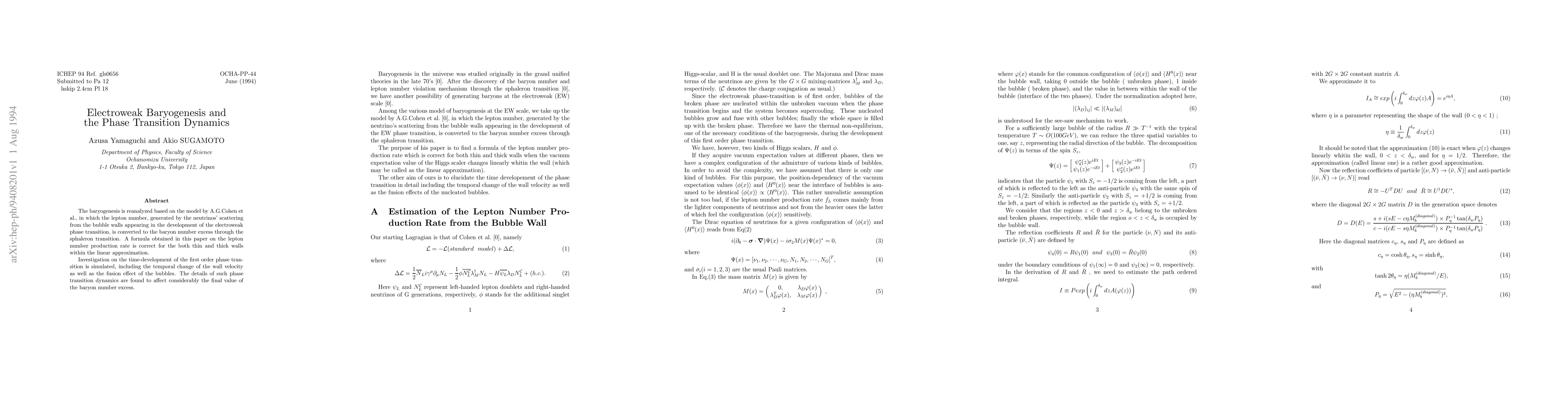 Thumbnail for Electroweak Baryogenesis and the Phase Transition Dynamics