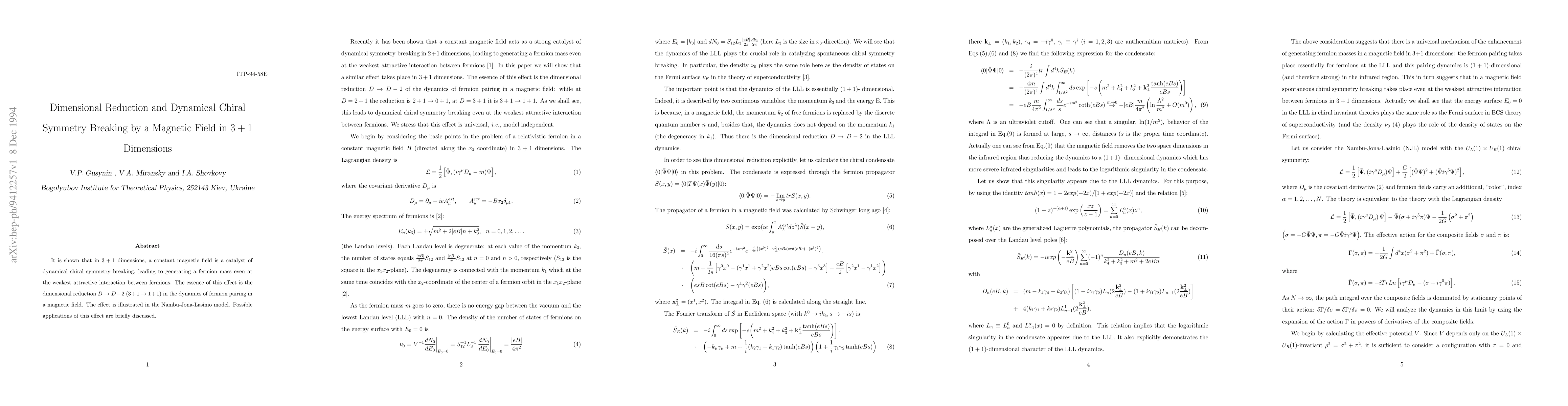 Thumbnail for Dimensional Reduction and Dynamical Chiral Symmetry Breaking by a
  Magnetic Field in $3+1$ Dimensions