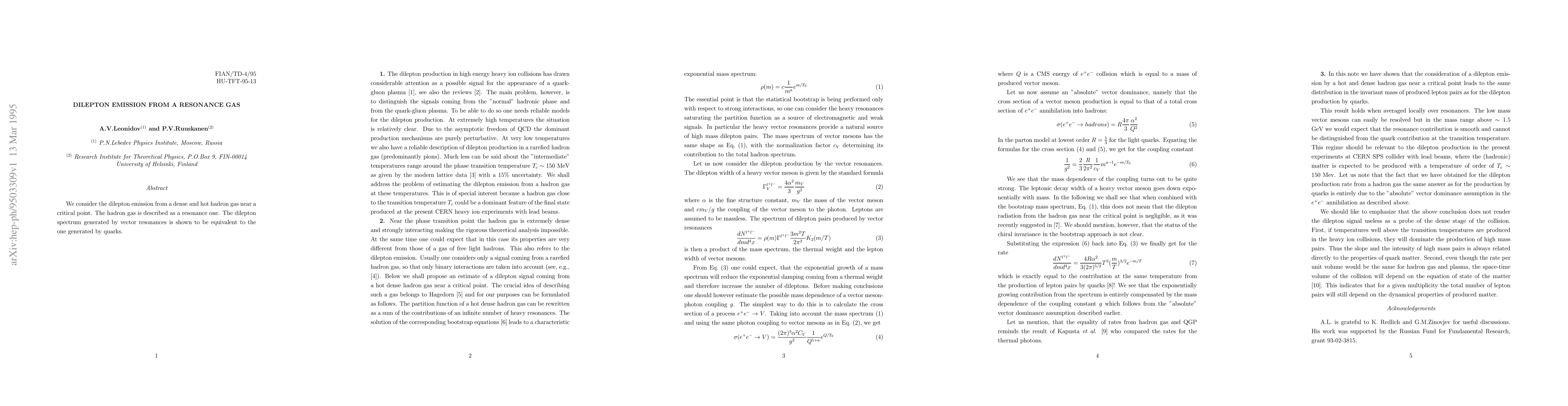 Thumbnail for Dilepton Emission From a Resonance Gas