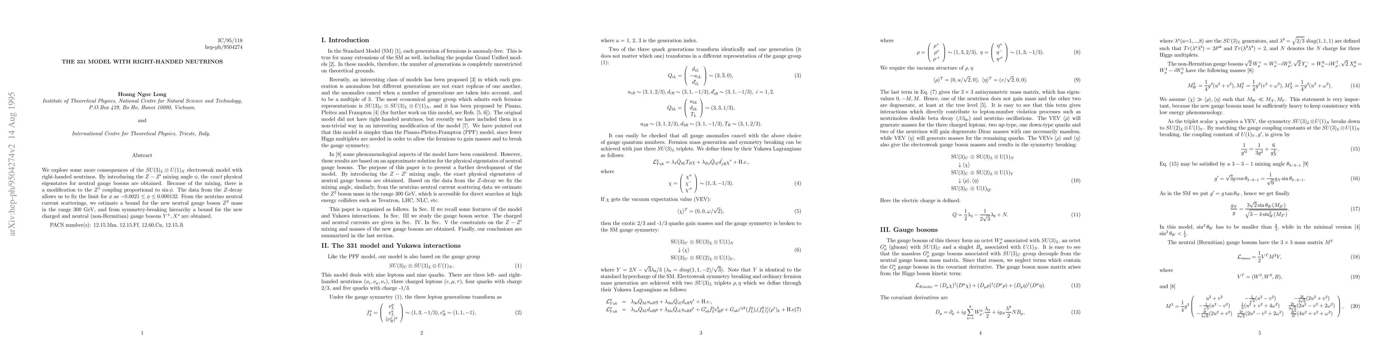 Thumbnail for The 331 model with right-handed neutrinos