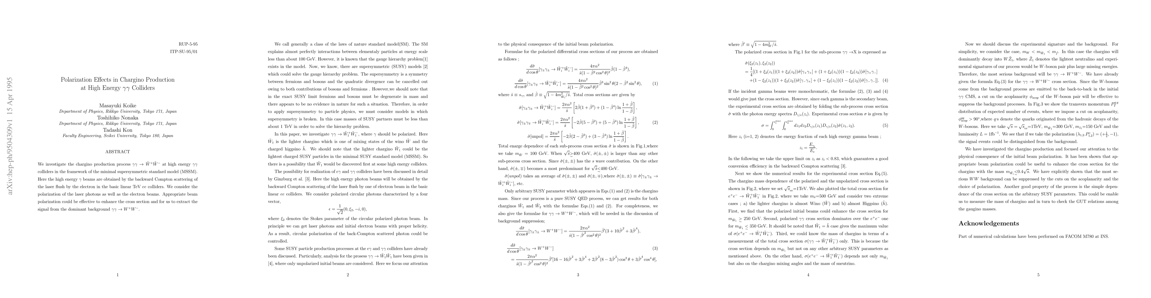 Thumbnail for Polarization Effects in Chargino Production at High Energy
  $\gamma\gamma$ Colliders