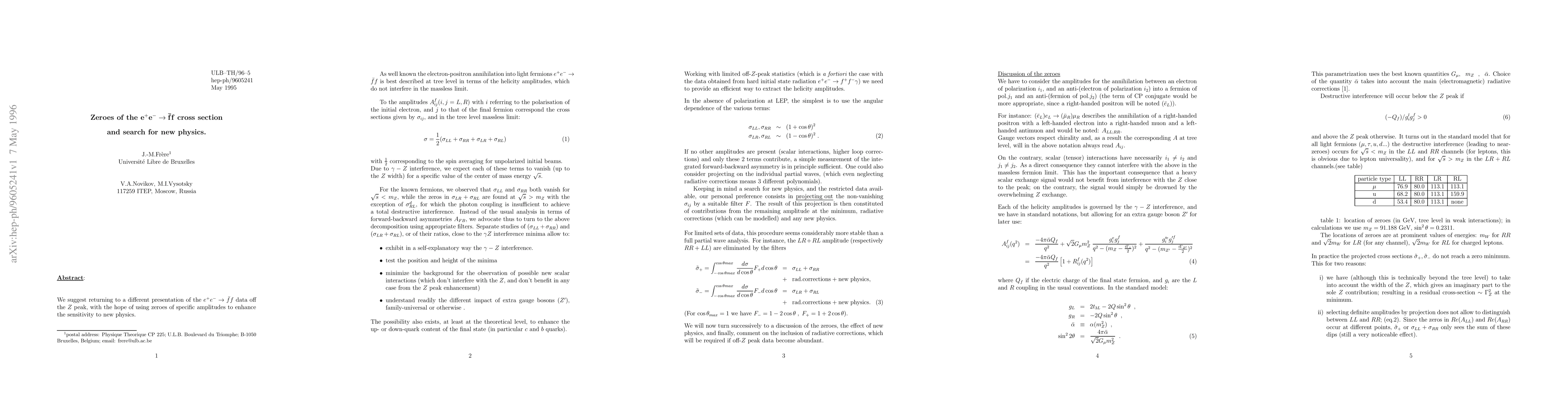 Thumbnail for Zeroes for e+e- \to \bar{f} f cross section and search for new physics