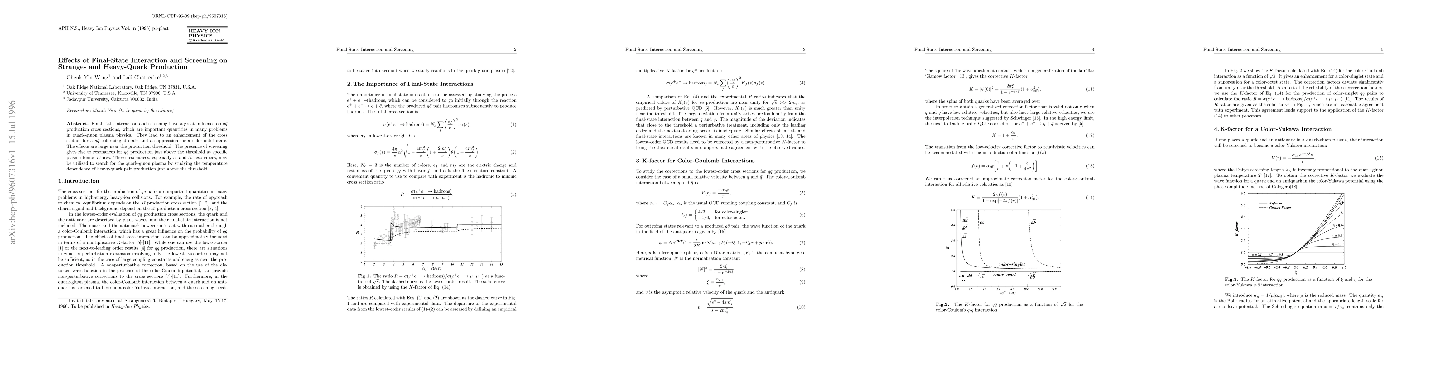 Thumbnail for Effects of Final-State Interaction and Screening on Strange- and
  Heavy-Quark Production