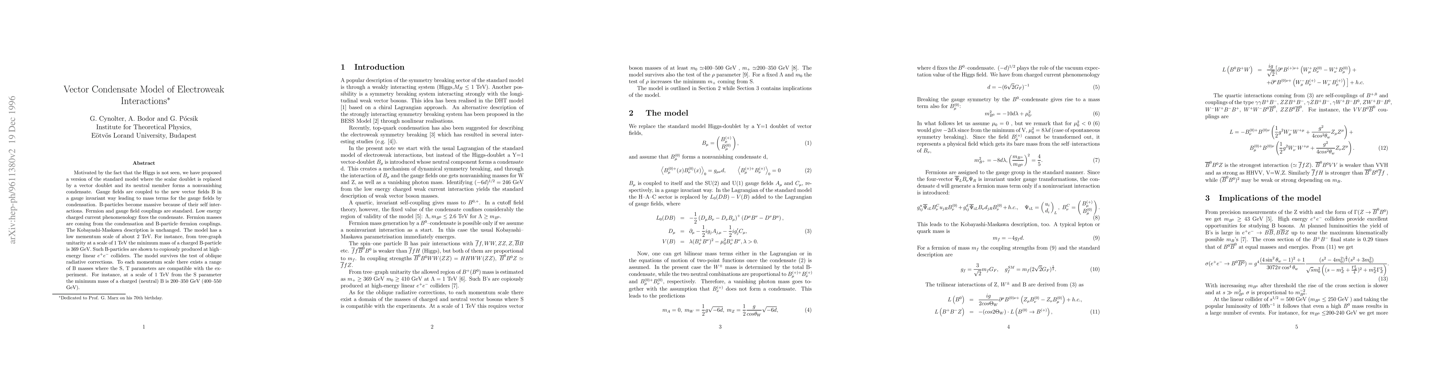 Thumbnail for Vector Condensate Model of Electroweak Interactions