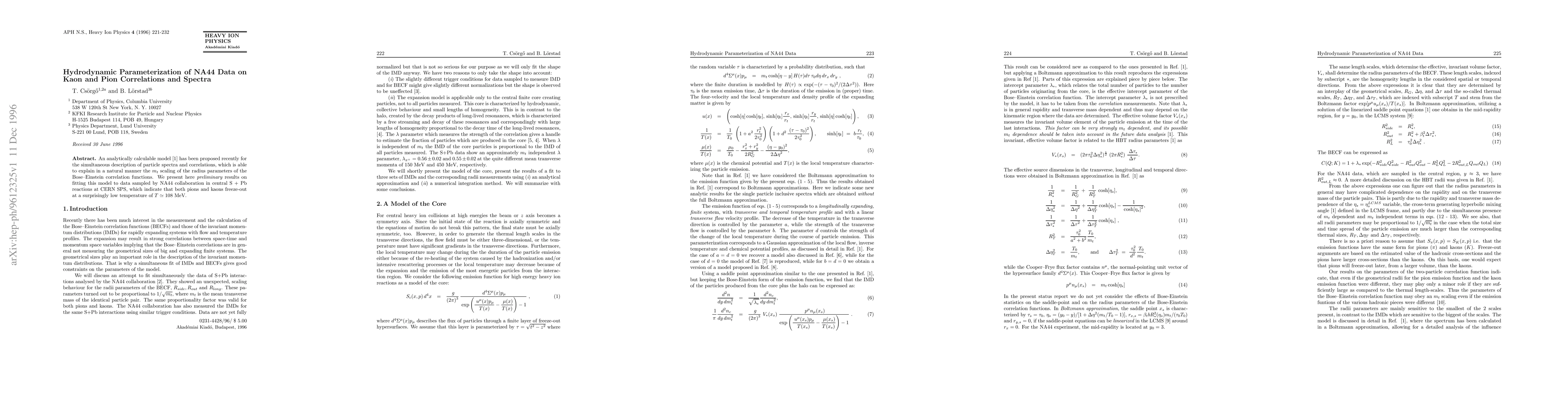 Thumbnail for Hydrodynamic Parameterization of NA44 Data on Kaon and Pion Correlations
  and Spectra