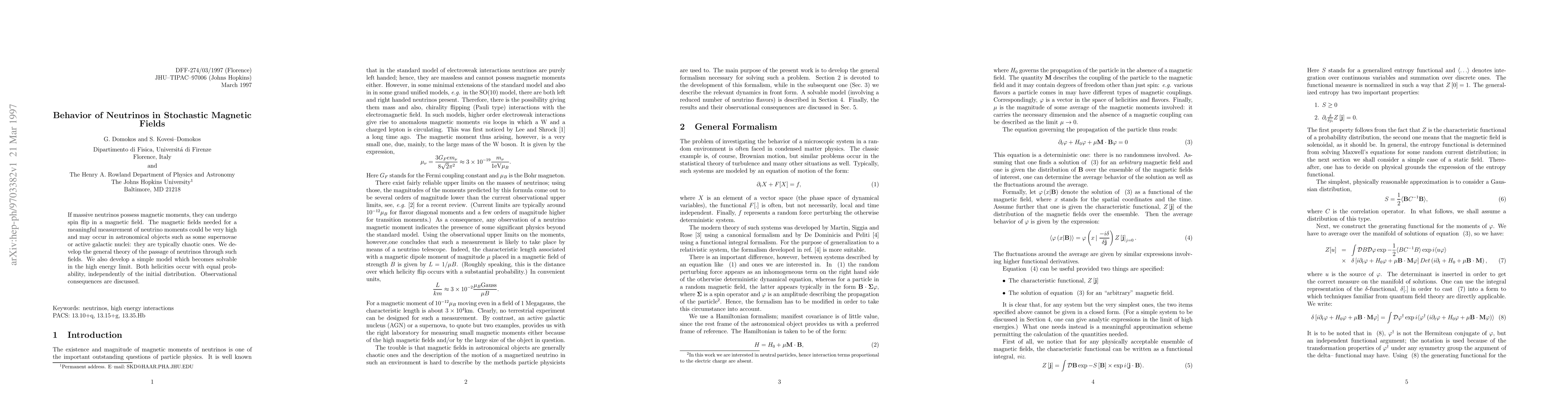 Thumbnail for Behavior of Neutrinos in Stochastic Magnetic Fields